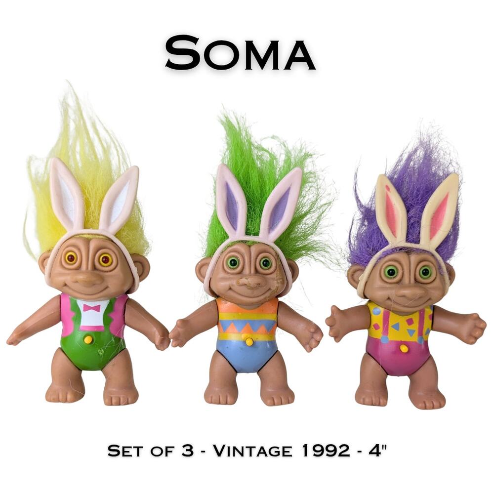 VTG 1992 Soma Troll Easter Bunny Troll Dolls Set 3 Light Up Eyes 4" Not Working
